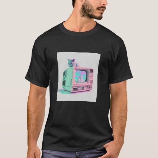 Vaperwave Aesthetic Glitch Cat Retrowave Synthwave T-Shirt (Vorderseite)