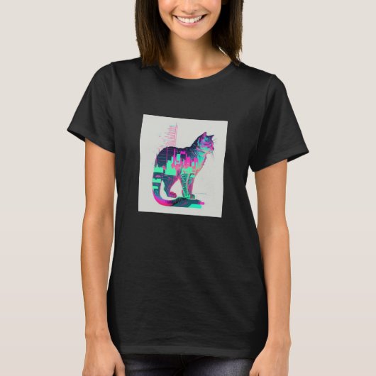 Vaperwave Aesthetic Glitch Cat Retrowave Synthwave T-Shirt (Vorderseite)