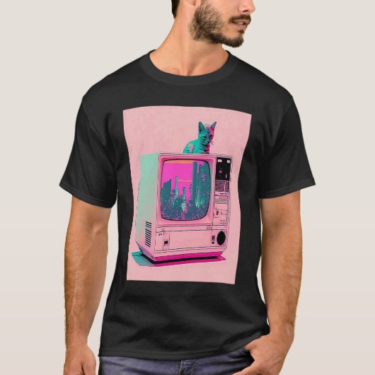 Vaperwave Aesthetic Glitch Cat Retrowave Synthwave T-Shirt (Vorderseite)