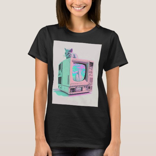 Vaperwave Aesthetic Glitch Cat Retrowave Synthwave T-Shirt (Vorderseite)
