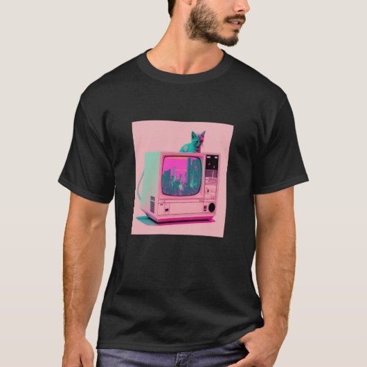 Vaperwave Aesthetic Glitch Cat Retrowave Synthwave T-Shirt (Vorderseite)