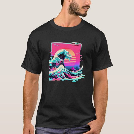 Vaperwave Aesthetic Glitch Great Wave Retrowave Sy T-Shirt (Vorderseite)
