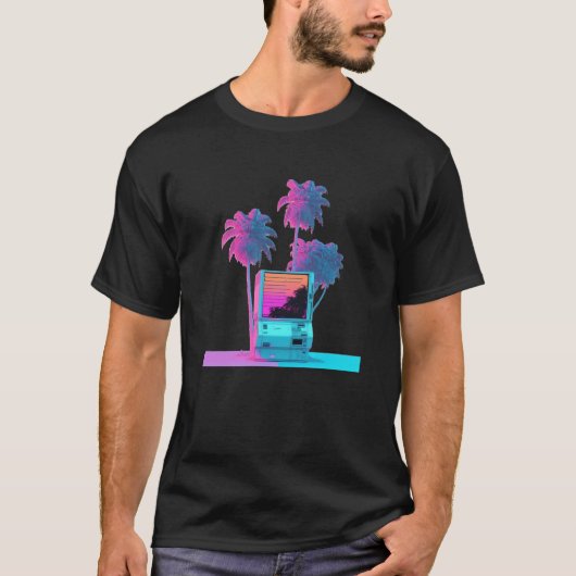 Vaperwave Aesthetic Glitch Palm Tree Retrowave Syn T-Shirt (Vorderseite)