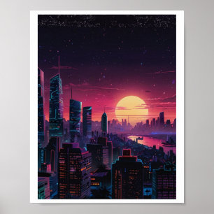 Vaporwave Cyberpunk-Stadtlandschaft – Neon-Skyline Poster