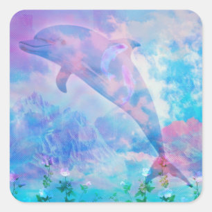 Vaporwave Delphin im Himmel Quadratischer Aufkleber