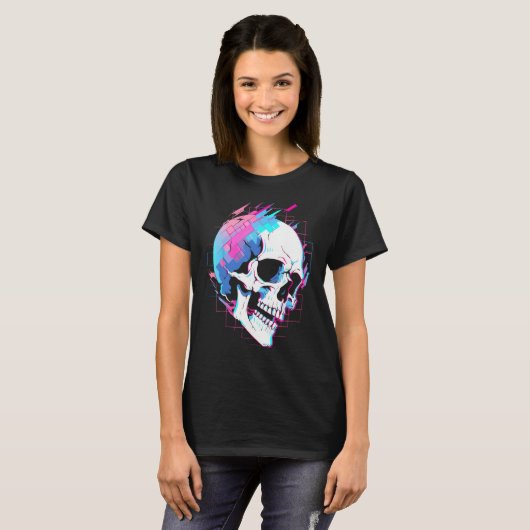 Vaporwave Glitch Skull Cyberpunk Festival Techwear T-Shirt (Vorne ganz)
