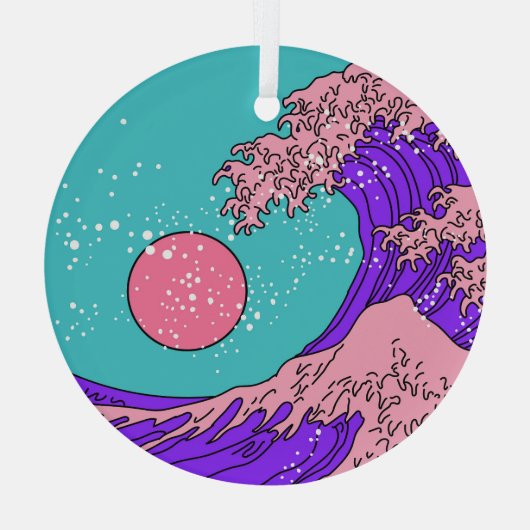 Vaporwave Great Wave: Stilvolle Ocean Art Ornament Aus Glas (Rückseite)