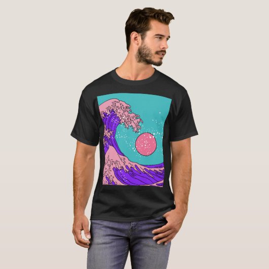Vaporwave Great Wave: Stilvolle Ocean Art T-Shirt (Vorne ganz)