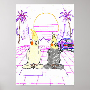 Vaporwave-Nymphensittich Retro-Sonnenuntergangs-Pl Poster