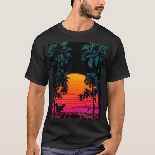Vaporwave-Sonnenuntergang Palmen – Neon-Eichhörnch T-Shirt (Vorderseite)