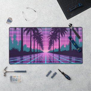 Vaporwave-Sonnenuntergang-Palmen-Neon-Gitternetz-S Schreibtischunterlage