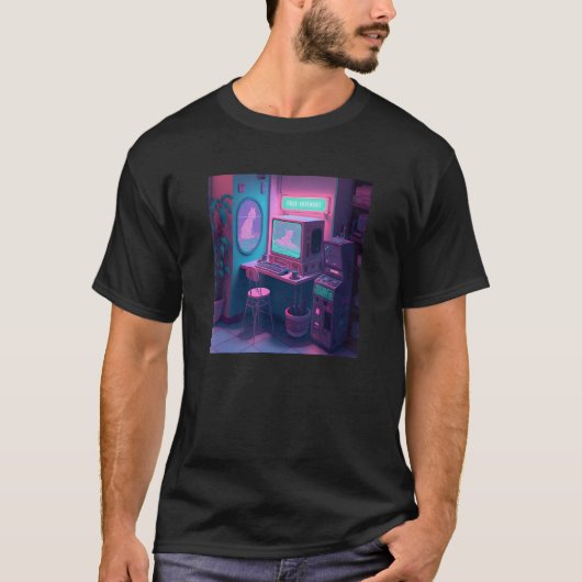 Vaporwave Style Computer Desk im Internet Café T-Shirt (Vorderseite)
