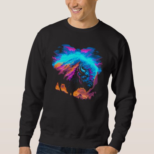 Vaporwave Synthwave Bison Amerikanischer Büffel 80 Sweatshirt (Vorderseite)