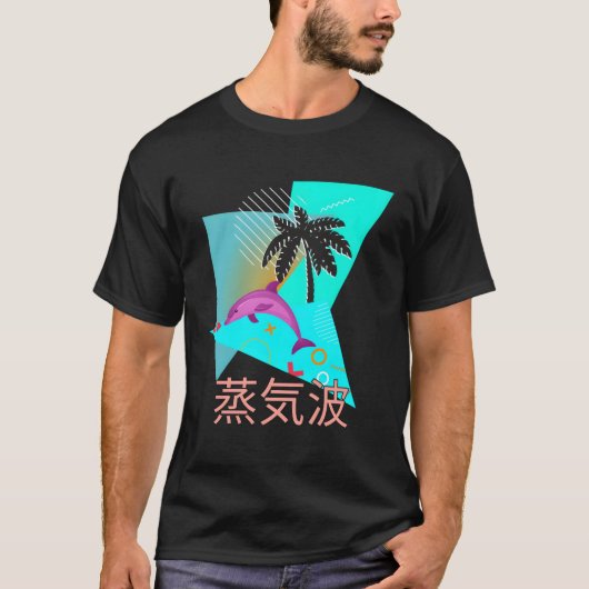 Vaporwave Synthwave Dolphin Ocean Kanji T-Shirt (Vorderseite)