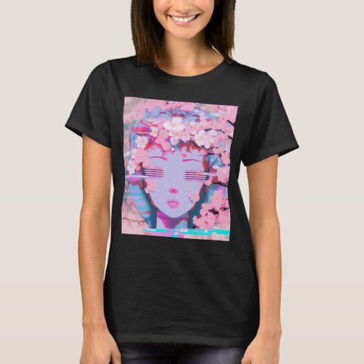 Vaporwave Synthwave Retrowave Glitch Cherry Blosso T-Shirt (Vorderseite)