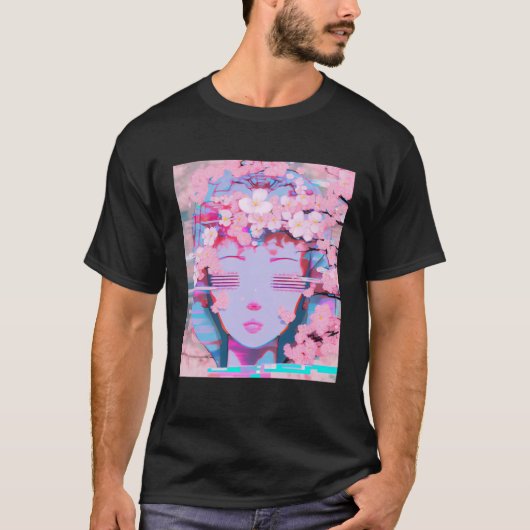 Vaporwave Synthwave Retrowave Glitch Cherry Blosso T-Shirt (Vorderseite)