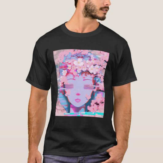 Vaporwave Synthwave Retrowave Glitch Kirschblüte T-Shirt (Vorderseite)