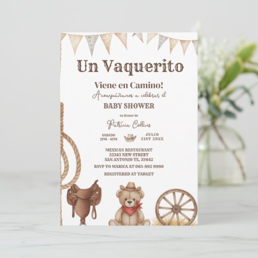 Vaquerito en Camino Spanish cowboy baby shower Einladung (Stehend Vorderseite)