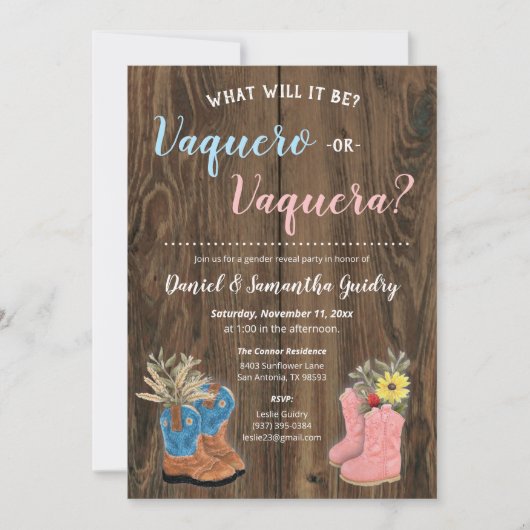 Vaquero/Vaquera Bootie Dark Wood Gender Reveal Einladung (Vorderseite)