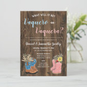 Vaquero/Vaquera Bootie Dark Wood Gender Reveal Einladung (Stehend Vorderseite)