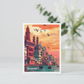 Varanasi India Vintage Travel Illustration Postkarte (Stehend Vorderseite)