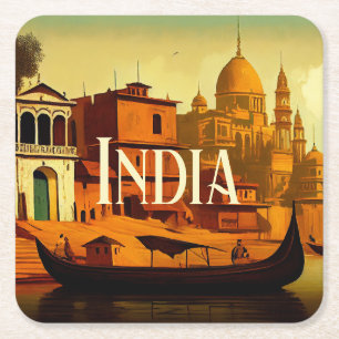 Varanasi Indien Malerei Rechteckiger Pappuntersetzer