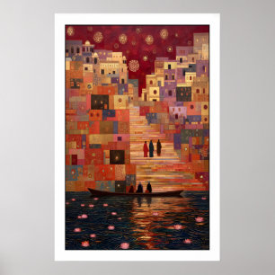 Varanasi-Kunstprint Lotusblüten, Rot und Gold Poster
