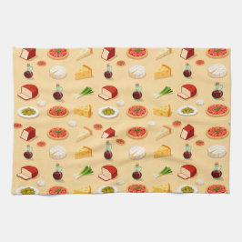 various cheeses appetizers and mini pizzas geschirrtuch