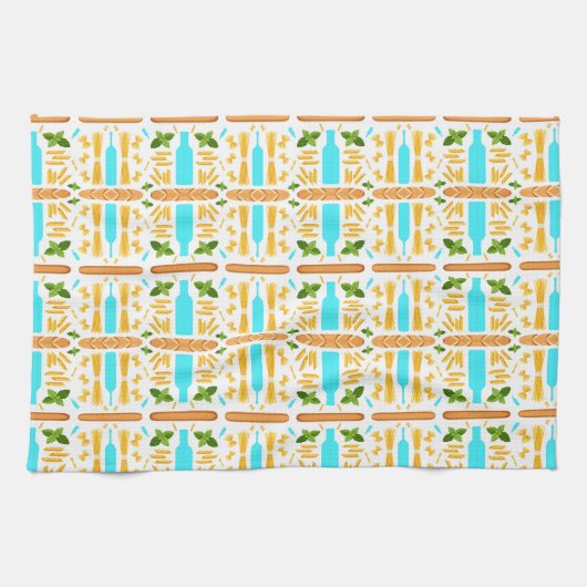 Various dry pasta shapes basil and baguettes geschirrtuch (Horizontal)