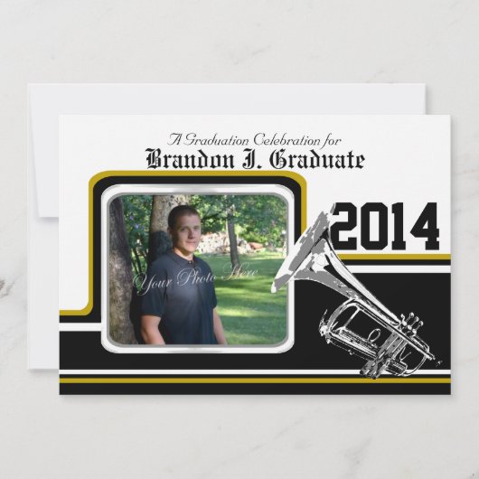 Varsity Band Trumpet Abschluss Foto Gold Einladung (Vorderseite)