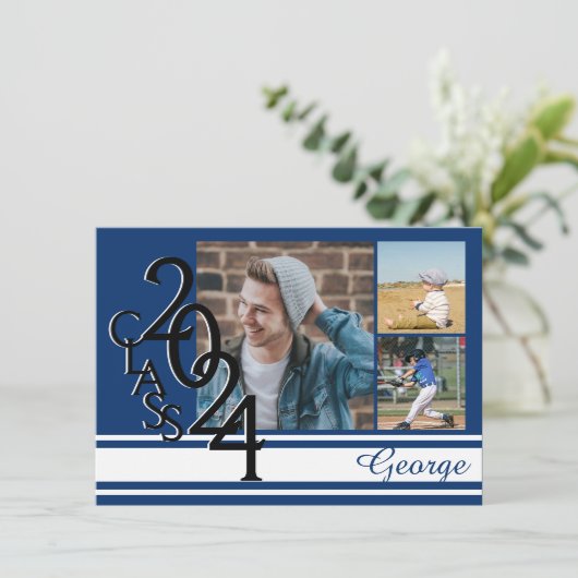Varsity Blue 2024 Abschluss Tri Foto Einladung (Stehend Vorderseite)