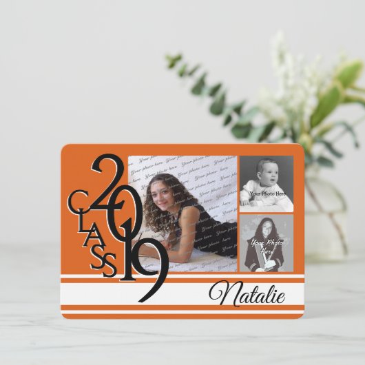 Varsity Orange 2019 Abschluss Tri Foto Einladung (Stehend Vorderseite)