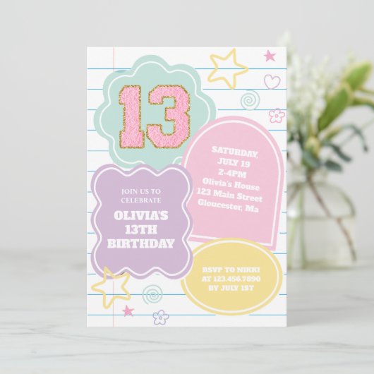 Varsity preppy pastellpflaster notebook 13. Geburt Einladung (Stehend Vorderseite)