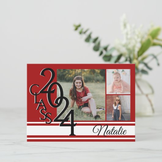 Varsity Red 2024 Abschluss Tri Foto Einladung (Stehend Vorderseite)