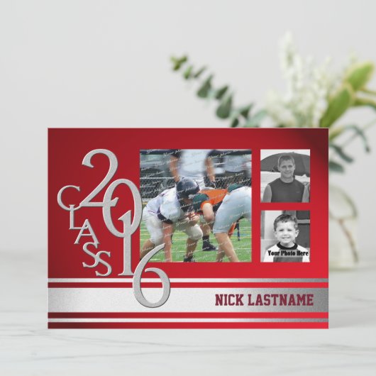 Varsity Stripe Graduate Tri Foto 2016 Red Einladung (Stehend Vorderseite)
