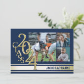 Varsity Stripe Tri Foto Gold Graduate Einladung (Stehend Vorderseite)