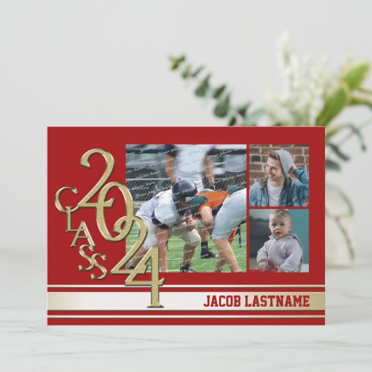 Varsity Stripe Tri Foto Gold Graduate Einladung (Stehend Vorderseite)