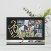 Varsity Stripe Tri Foto Gold Graduate Einladung (Stehend Vorderseite)