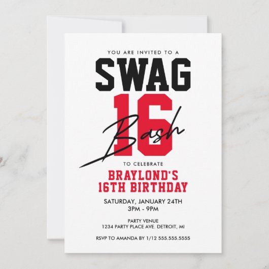 Varsity Style Swag 16 Geburtstag Einladung (Vorderseite)