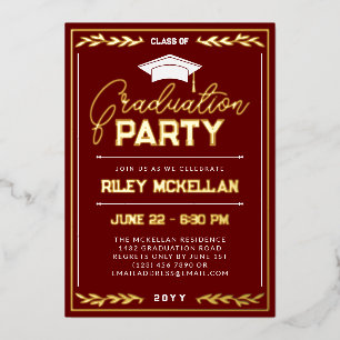 Varsity Typografy Red Gold Graduation Party Folieneinladung