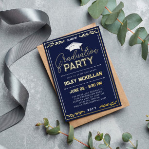 Varsity Typography Navy Gold Graduation Party Folieneinladung