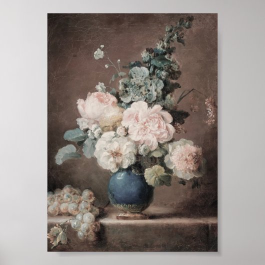 Vase aus Blume und Trauben an einer Steinkante Poster (Vorne)
