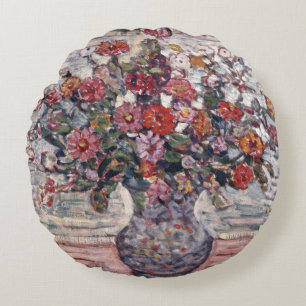 Vase der Blume, Zinnias von Maurice Prendergast Rundes Kissen