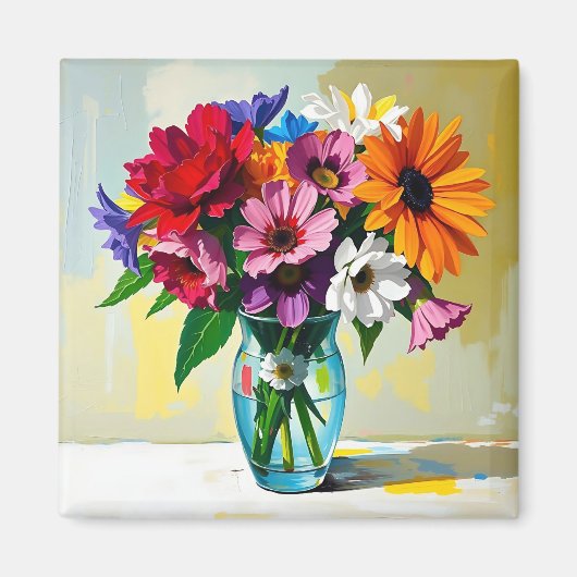 Vase im Stil von Impasto mit farbenfrohen Blumen Magnet (Vorne)