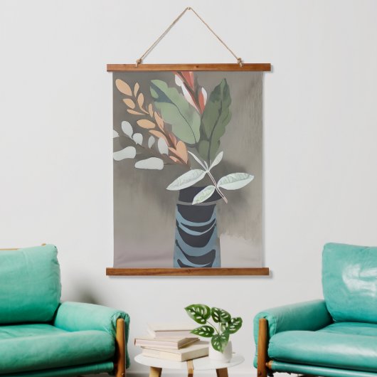 Vase minimalistischer Blätter Wandteppich Mit Holzrahmen (Wohnzimmer)