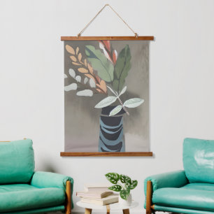 Vase mit Blättern Minimalistische Kunst Wandteppich Mit Holzrahmen