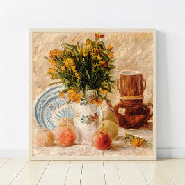 Vase mit Blume, Kaffee und Obst, van Gogh Poster