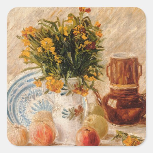 Vase mit Blume, Kaffee und Obst, van Gogh Quadratischer Aufkleber (Vorderseite)