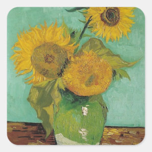 Vase mit drei Sonnenblumen, Vincent van Gogh Quadratischer Aufkleber