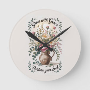 Vase mit Florals wachsen mit Grace Zitat Runde Wanduhr